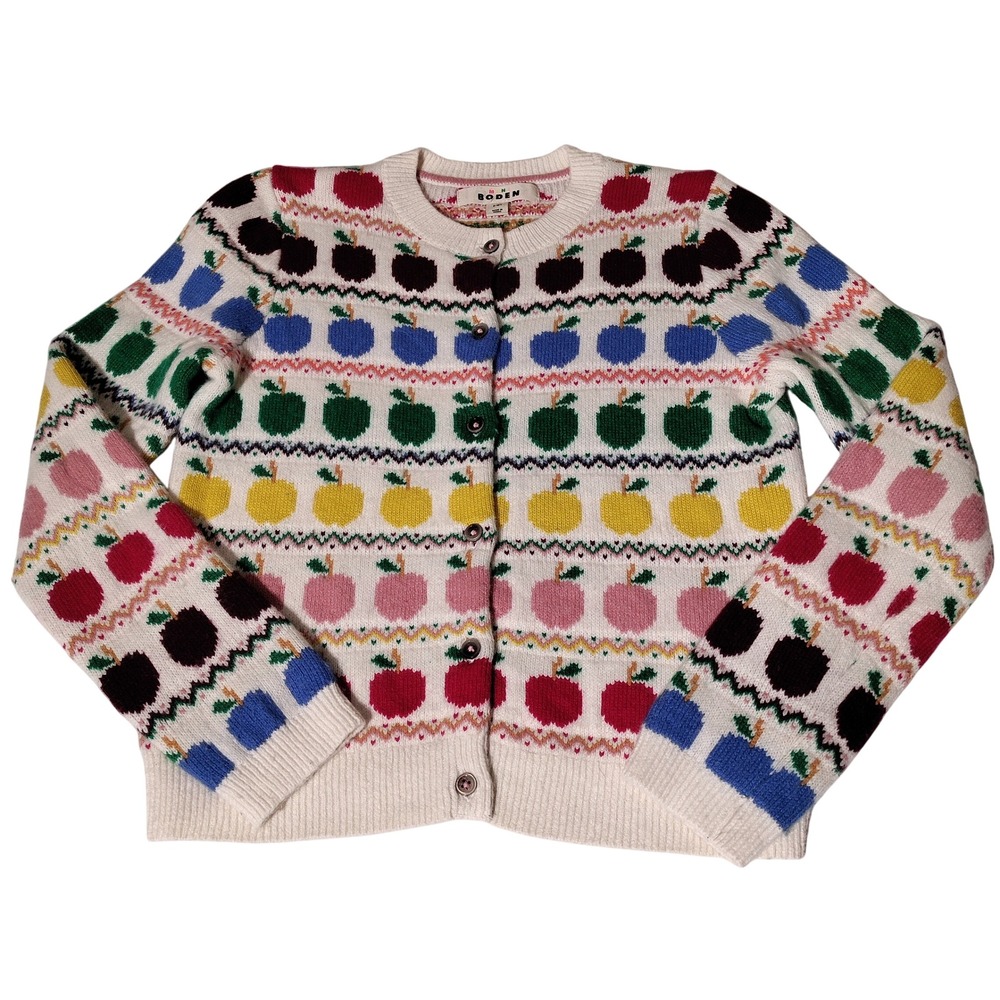 Mini Boden Kids Apple Fair Isle Cardigan Multi Color Fruit Knit Sweater 9-10Y